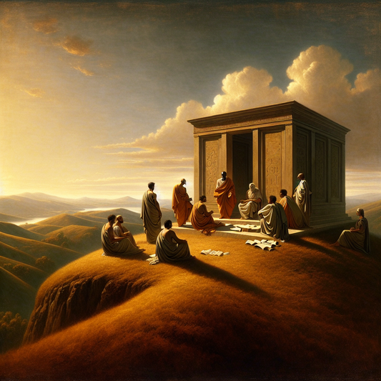 Roman philosophers in togas on a tranquil hilltop, engaged in discussion under a clear blue sky, reflecting Stoic philosophy.