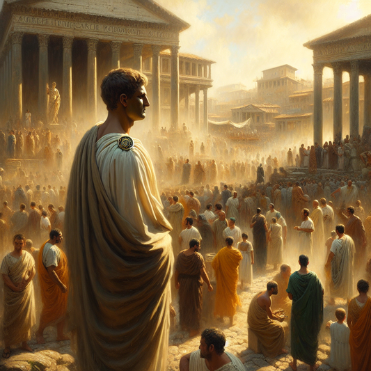 A calm Roman philosopher figure wearing a stoic enamel pin stands serenely in a bustling ancient Roman forum filled with merchants, citizens, and soldiers, embodying inner peace amid chaos in the style of 1960s historical epics.