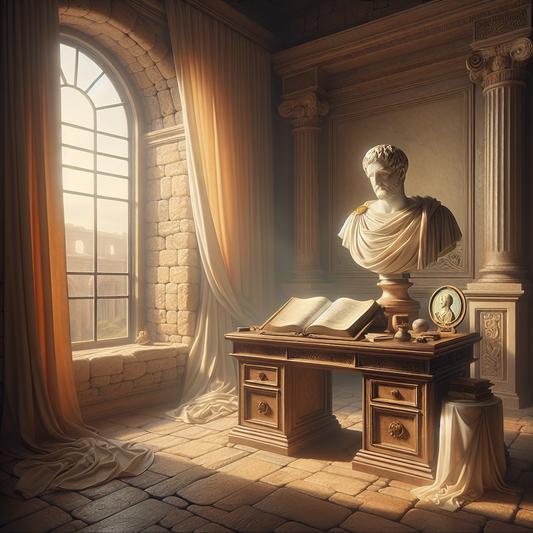 A minimalist desk in a warmly sunlit room, featuring a marble bust of Marcus Aurelius, an open journal, and a small Epictetus enamel pin, evoking stoic calm and thoughtful reflection inspired by ancient Rome.