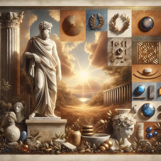 A serene marble statue of an ancient Greek Stoic philosopher surrounded by subtle symbols of Stoicism merged with modern gold jewelry elements in a warm, painterly style inspired by 1960s historical epics.
