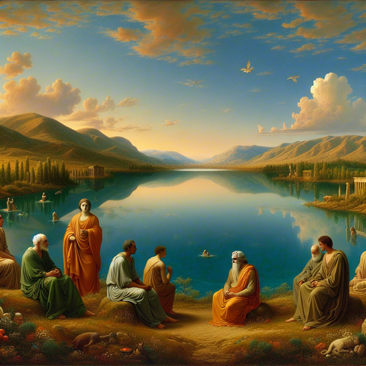 Roman philosophers by a serene lake reflecting the sky, symbolizing self-reflection and inner peace in a style inspired by 1960s historical films.