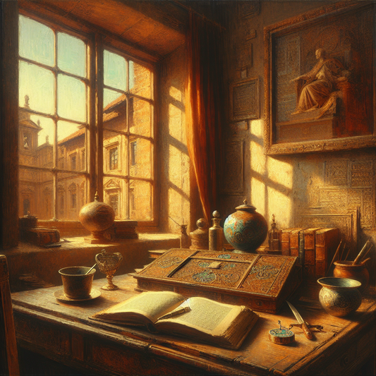 A warm, sunlit study desk with a vintage leather-bound book of Stoic philosophy open, a ceramic cup, and a Seneca enamel pin, evoking ancient wisdom blending with modern life in a cinematic painterly style.