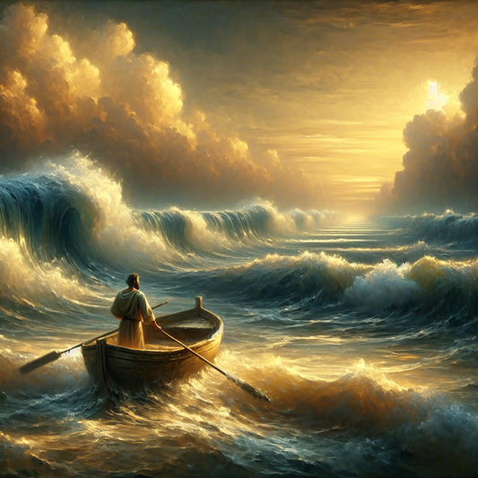 A lone philosopher in a small boat on a vast ocean, contemplatively facing gentle waves, symbolizing Stoic resilience and life's challenges.