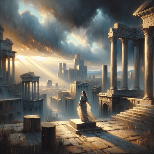 Calm woman standing with subtle glow of wisdom and strength in a stormy modern cityscape inspired by ancient Stoic virtues and cinematic Roman epic style.