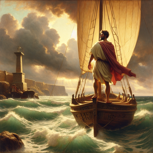 A stoic Roman sailor calmly adjusting sails on a small wooden boat amid waves and dramatic storm clouds, painted in a 1960s Roman historical epic style.