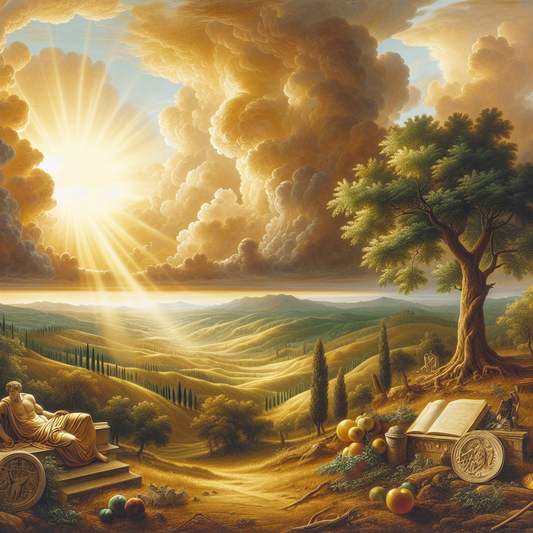 Lone tree symbolizing Stoic calmness amidst a gentle storm in a Roman-style epic painting.