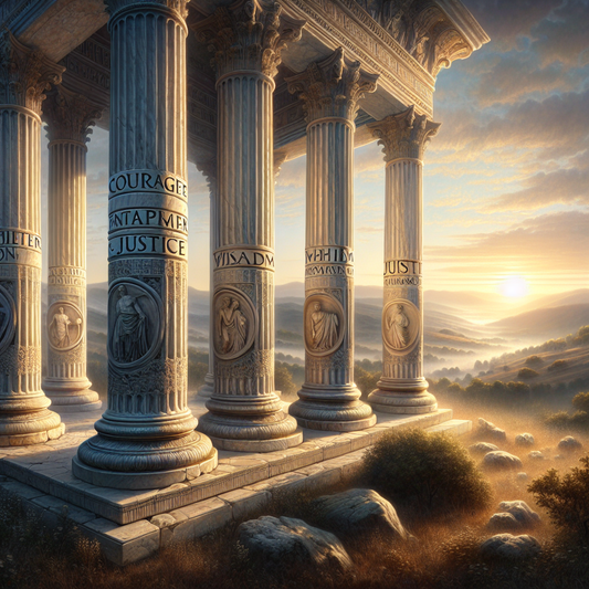 Serene dawn landscape with four ancient Roman columns inscribed with Stoic virtues: courage, temperance, wisdom, and justice.