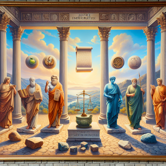 Symbolic representation of the four Stoic virtues—wisdom as an open book, courage as a lion's head, justice as balanced scales, and moderation as a calm wave—set in an ancient Roman forum with philosophers in togas.
