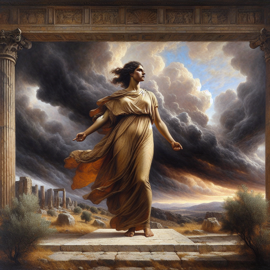 A calm and composed woman in classical attire stands strong against a stormy sky with subtle Greek architectural elements, symbolizing strength and stoic resilience.