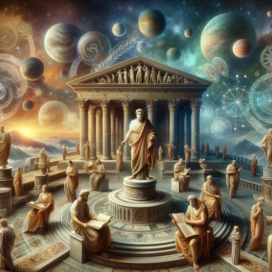 A toga-clad Stoic philosopher gestures toward a harmonious cosmic scene blending Roman and Greek classical symbols, under warm golden light in the style of 1960s historical epic paintings.