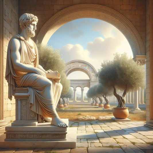 A serene white marble statue of an ancient Greek or Roman philosopher with a calm expression, adorned with a laurel wreath and holding a scroll, set in a warm sunlit Roman forum.