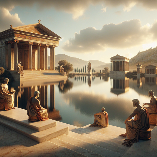 Philosophers in toga near a calm lake reflecting classical Roman architecture under a clear sky, symbolizing Stoic philosophy with warm earth tones and a peaceful atmosphere.