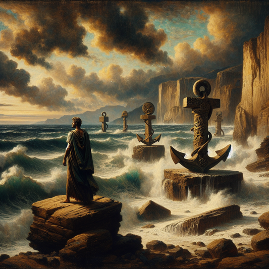 A calm Roman figure standing firm on a rocky shore during a stormy sea with symbolic stone anchors representing wisdom, courage, justice, and temperance in the turbulent water behind, inspired by 1960s historical epic film style.