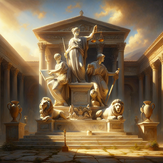A classical marble statue representing the four Stoic virtues—wisdom, justice, courage, and temperance—bathed in warm natural light in an ancient Roman forum.