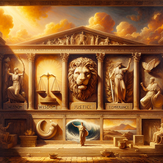 Symbolic artistic painting showing four classical Roman icons representing Stoic virtues: an open book for wisdom, balanced scales for justice, lion's head for courage, and calm wave for temperance, in a warm, realistic style.