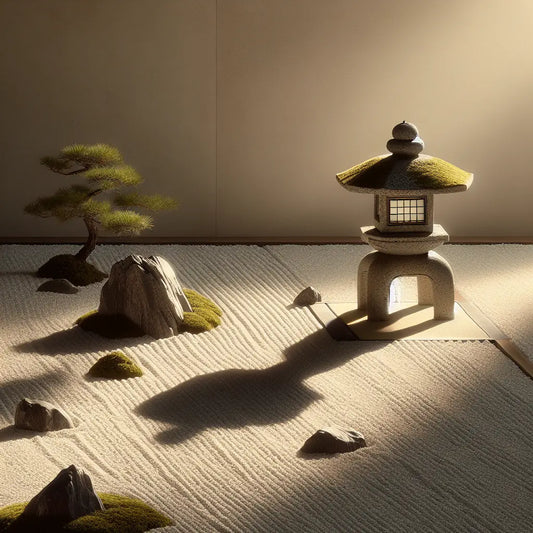 A moss-covered stone lantern by a raked zen rock garden at dawn with soft mist and muted natural colors, evoking serene traditional Japanese minimalism.