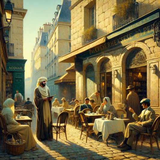 A subtle French person performing the Gallic shrug gesture in a warm, cozy Parisian café filled with soft daylight and rustic charm, captured in a painterly style.