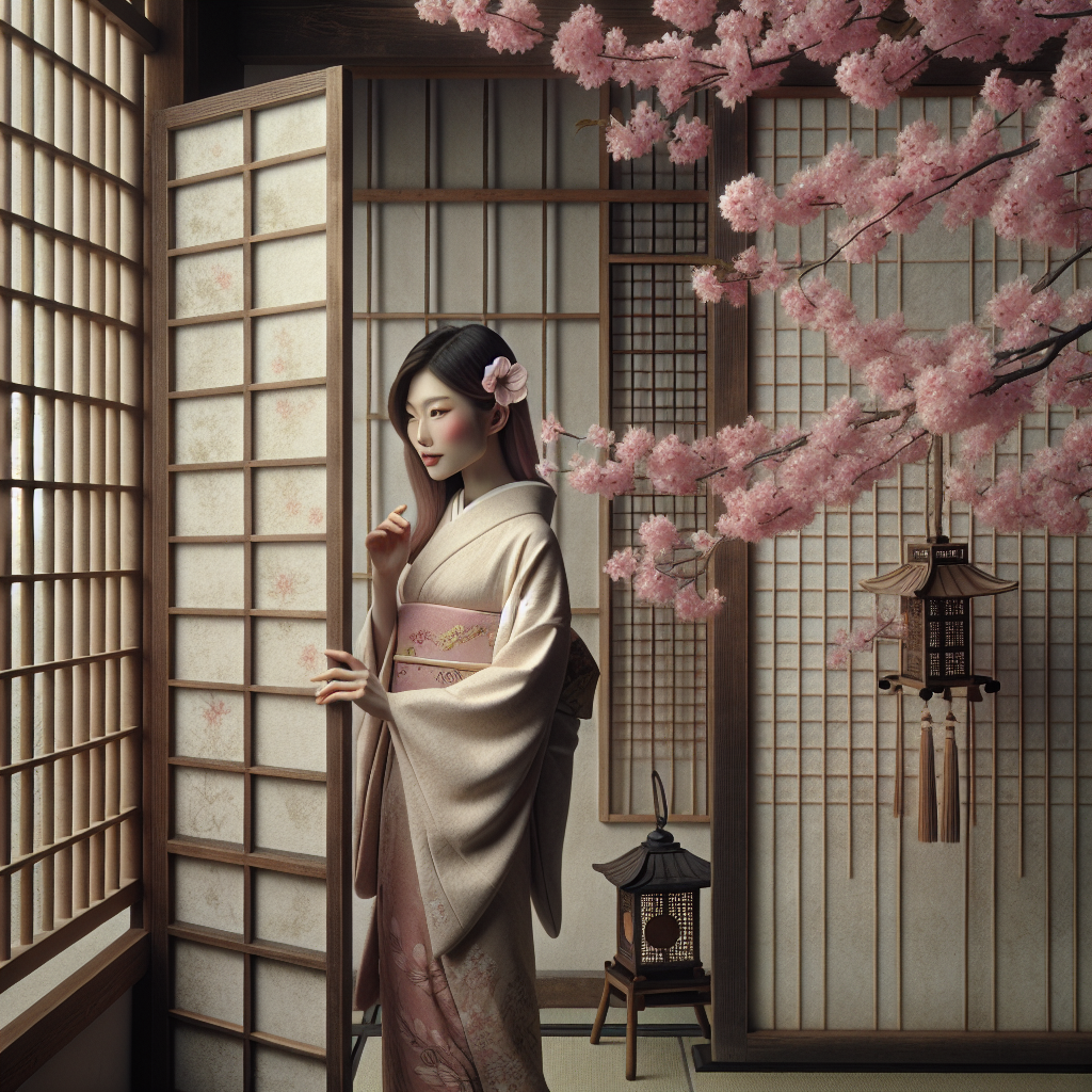 Elegant young woman with muted sakura hair and a playful, subtle smile by a lattice window with cherry blossoms in traditional Japanese style, minimalistic and serene.