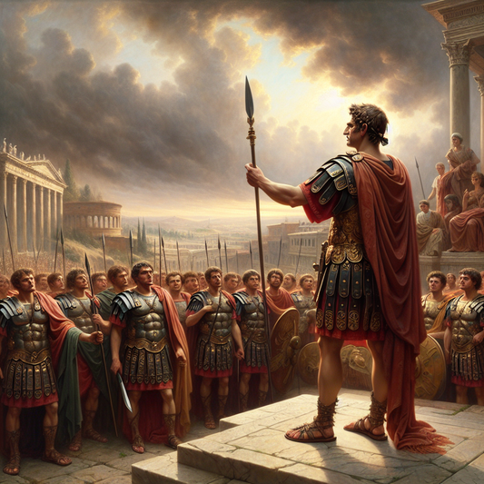 Lucius Cornelius Sulla stands triumphantly before his Roman soldiers with the city of Rome under a stormy sky symbolizing political unrest, rendered in the style of a 1960s historical epic painting.