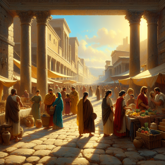 Sunlit ancient Roman street scene with women in flowing tunics and skirts amidst stone columns and market stalls, styled like a 1960s historical epic painting.