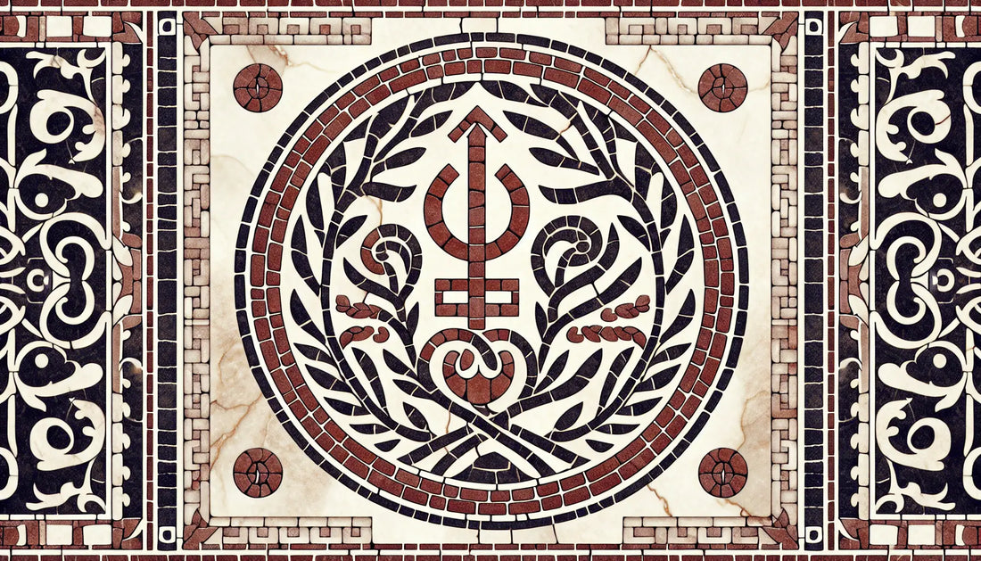 symbolic staff of a nordic voelva in brick red relief on natural white stone background