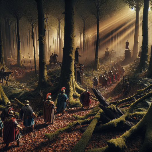 Roman legionaries cautiously moving through the shadowy, dense Teutoburg Forest with shafts of sunlight filtering through the ancient trees, evoking tension and mystery of the AD 9 battlefield.