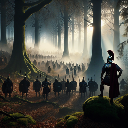 Silhouettes of ancient Roman and Germanic warriors in a misty dawn forest, poised for battle in a dramatic historic scene inspired by classic Roman epics.