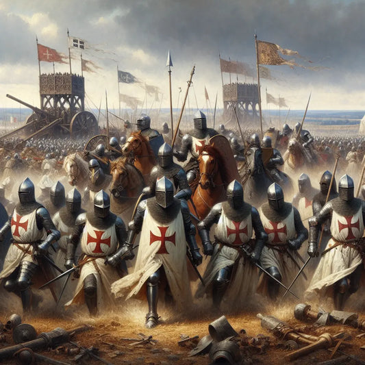 Heavily armored Teutonic Knights charging on a medieval battlefield with siege weapons and cavalry under a moody, overcast sky, painted in the style of classic 1960s historical epic films.