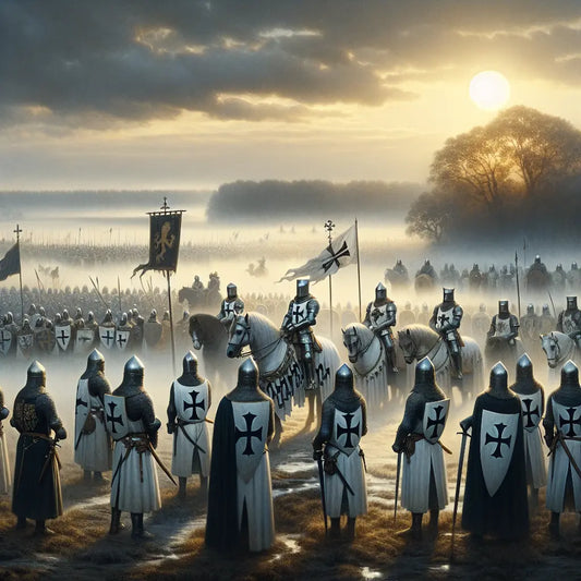 Teutonic Knights in shining armor with crosses on their surcoats and shields stand ready on a misty medieval battlefield at dawn, illuminated by soft early morning light.