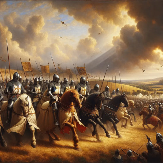 Teutonic Knights in armored charge against Mongol horse archers on a dramatic medieval battlefield under a brooding sky, in the style of 1960s historical epic paintings.