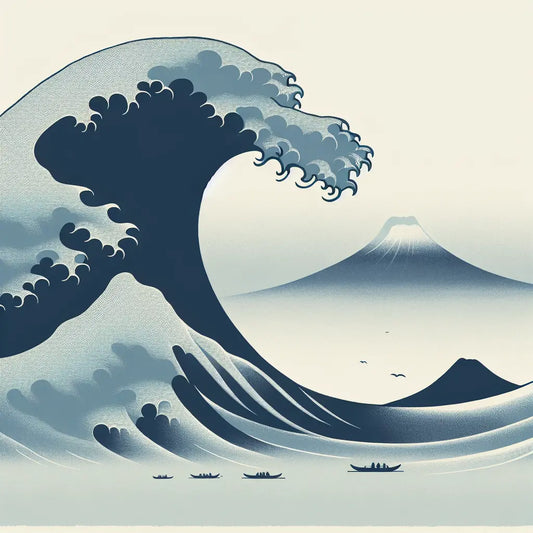 A serene depiction of The Great Wave of Kanagawa with delicate waves and Mt. Fuji in soft blue tones, minimalist and inspired by traditional Japanese woodblock art.