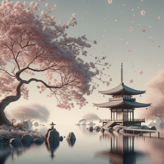 A minimalist depiction of a Japanese garden with cherry blossoms and a pagoda.