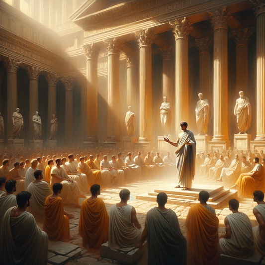 Epictetus teaching Stoic philosophy to young Marcus Aurelius in an ancient Roman forum setting, inspired by classic 1960s historical films.