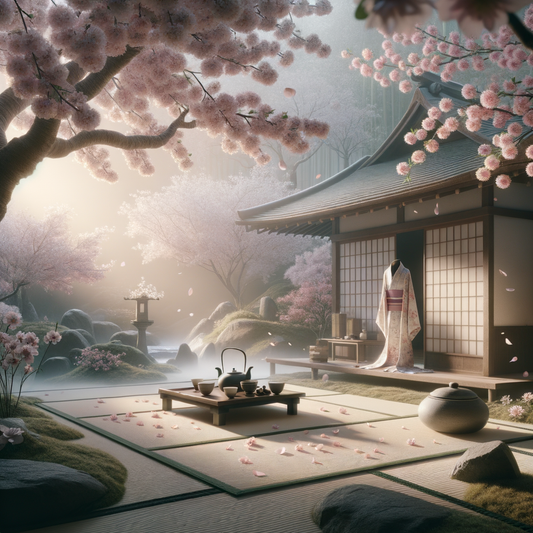 Ein japanisches Landschaftsbild mit Kirschblüten und einer traditionellen Teezeremonie, das die kulturelle Harmonie in einem minimalistischen, zeitlosen Stil widerspiegelt.