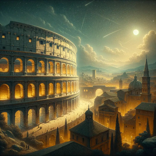 Night view of the Colosseum in Rome, glowing with golden light under a starlit sky, surrounded by ancient architecture.