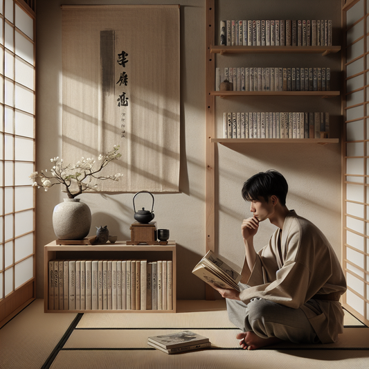 A young Japanese man quietly reading a seinen manga in a serene, minimalist room with traditional Japanese decor and natural light filtering through shoji screens, evoking calm and introspection.
