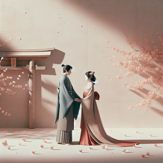 Two serene figures standing together beneath softly falling cherry blossom petals, symbolizing gentle love and acceptance in a minimalist traditional Japanese style.