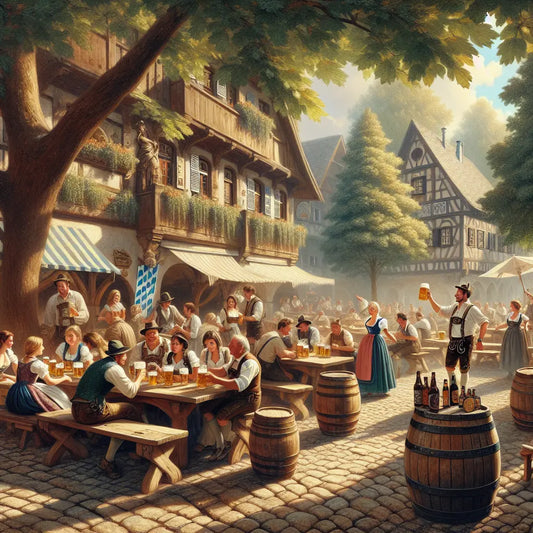People in traditional Bavarian clothing enjoying beer and wine outdoors at a sunny German beer garden with historic brewing barrels and half-timbered architecture.