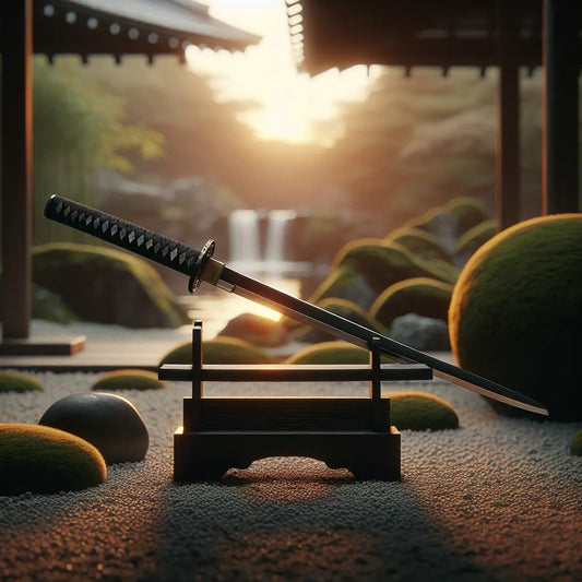 Traditional Japanese katana sword displayed on a wooden stand with a blurred, softly lit Japanese garden during sunset, emphasizing elegance and craftsmanship.