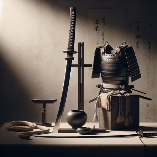 A traditional Japanese katana displayed elegantly in front of samurai armor with soft lighting, minimalistic and serene, symbolizing honor and heritage.