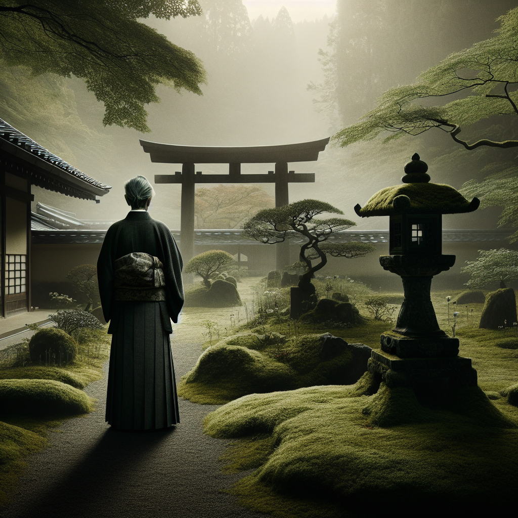 A traditional Japanese man in a dark, simple kimono stands peacefully in a serene garden with soft natural light and subtle textures, radiating elegance and cultural heritage.