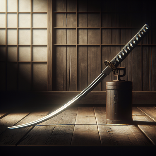 A traditional katana sword resting on a wooden surface with soft lighting highlighting its craftsmanship, evoking ancient samurai tradition and respect.