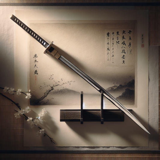 A traditional samurai katana blade resting on a wooden stand, gleaming softly under sunlight with visible intricate steel patterns, portrayed in a minimalist Japanese art style.