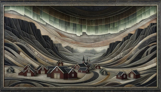 islandische dorfhaeuser aus holz in klassischem relief mit ziegelfarbe auf hellem stein mit landchaft und suedlich leuchtenden nordlichtern