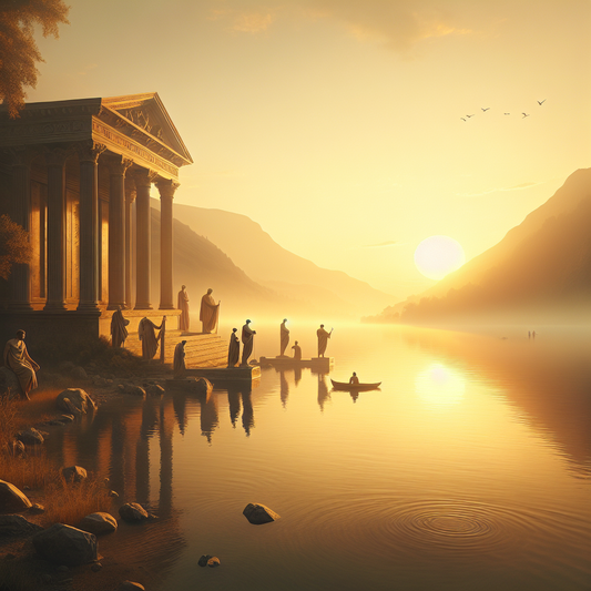 A tranquil lake at sunrise with toga-clad philosophers, capturing a Stoic mindset in a 1960s historical epic style.
