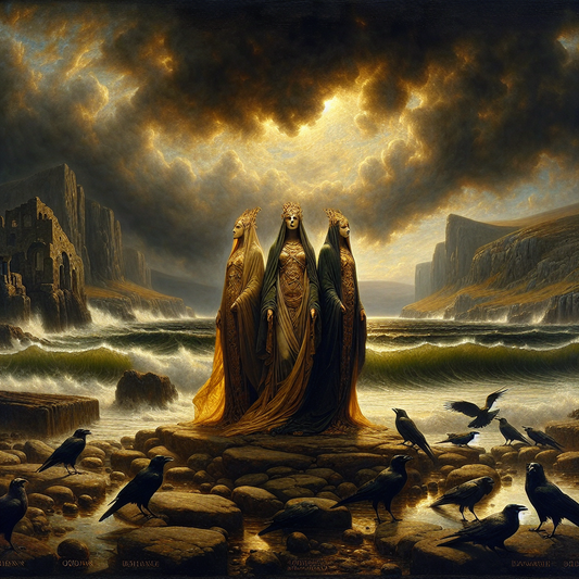 Triple goddess figure with three faces representing war fate and death standing on misty ancient Irish shores surrounded by crows and ravens under a stormy sky in a cinematic 1960s historical epic painting style.