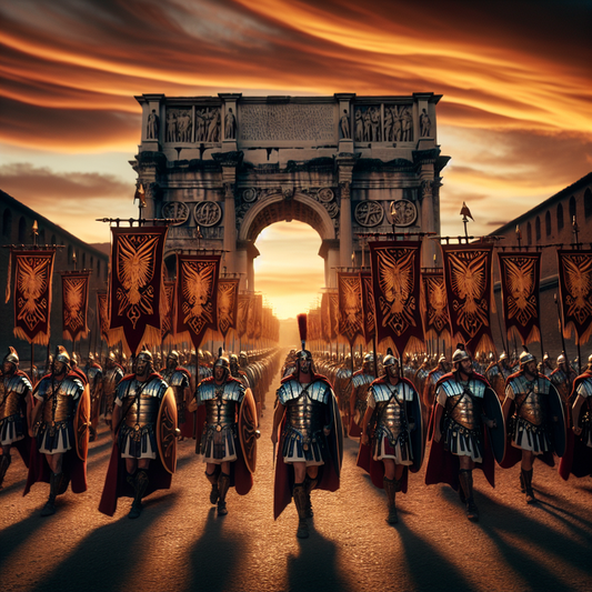 Roman army entering a city at sunset