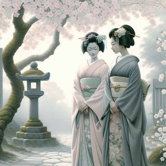 Two serene female figures in flowing kimono share a quiet moment under gentle blooming cherry blossoms in a traditional Japanese garden, the scene soft, pastel, and tranquil.