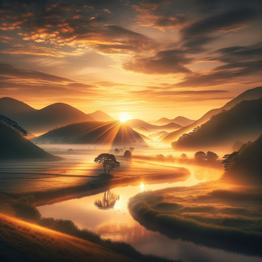 A peaceful sunrise over rolling hills and a river, with fog and birds in the sky