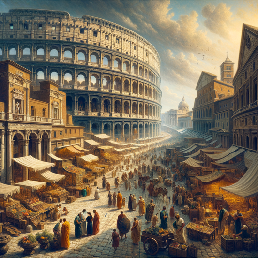 Bustling Roman street scene with the Colosseum and citizens in traditional attire, inspired by 1960s historical epics.